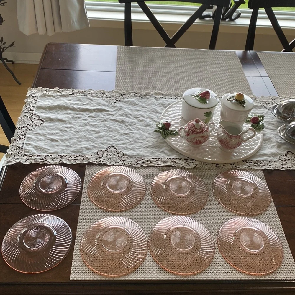 Vintage Set Of 8 Federal Glass “Diana” Pink Saucers!